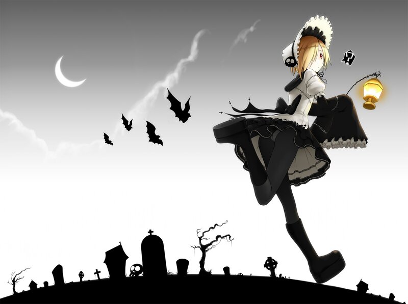 Anime Girl in Graveyard — Black, Creepy