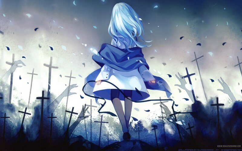 Anime Girl in Graveyard — Blue, Dramatic, Night