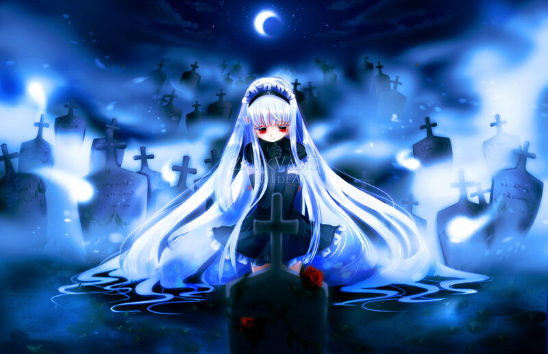 Anime Girl in Graveyard — Blue