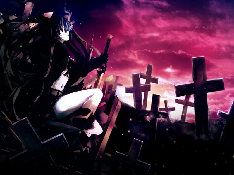 Anime Girl in Graveyard — Purple, Dramatic, Night, Crosses