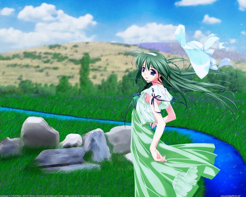 Anime girl in green dress by river