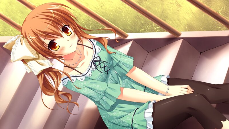 Anime Girl in Green Dress — Calm, Afternoon, Stairs, Grass, Brown