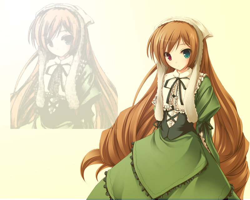 Anime Girl in Green Dress — Calm, Long Hair, Heterochromia