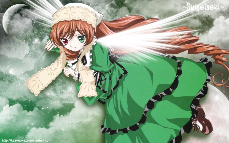 Anime Girl in Green Dress — Dramatic, Night, Moon