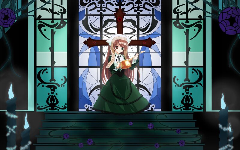 Anime Girl in Green Dress — Dramatic, Night, Stained Glass