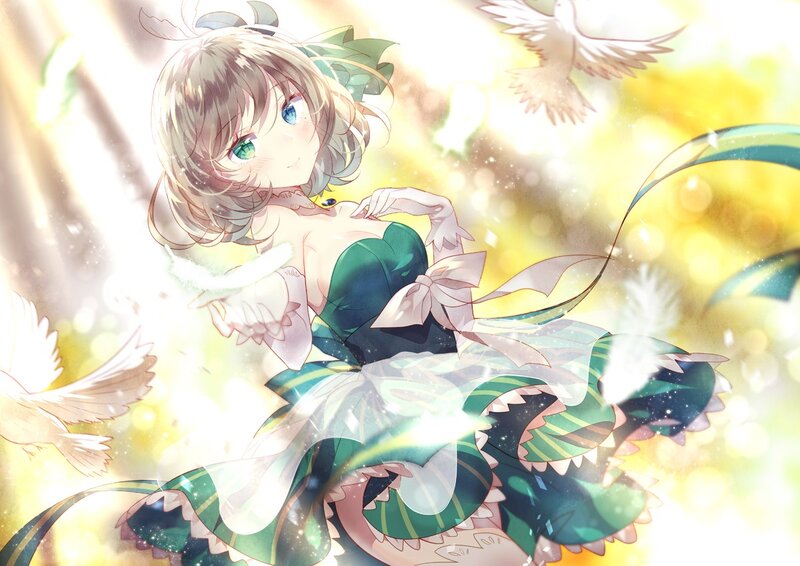 Anime Girl in Green Dress — Serene, Afternoon, Digital Art, Birds