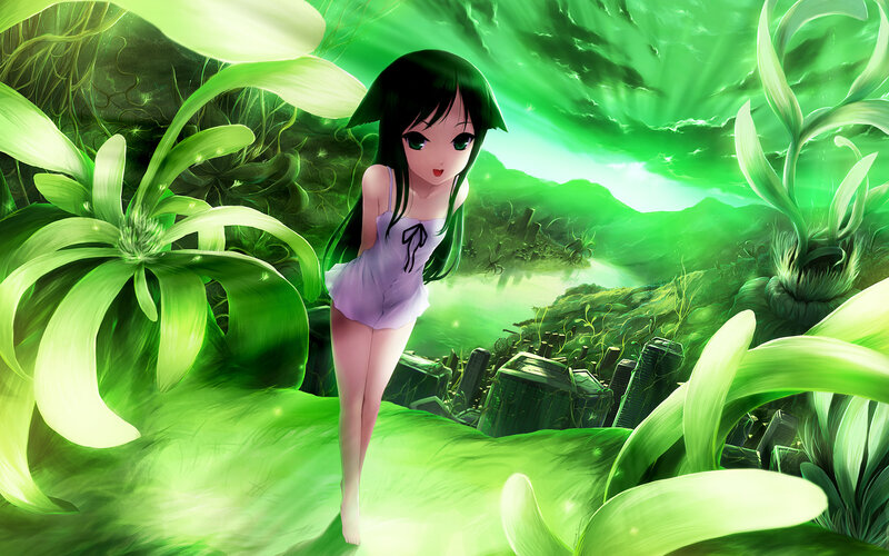 Anime girl in green forest