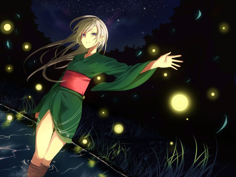 Anime girl in green kimono at night