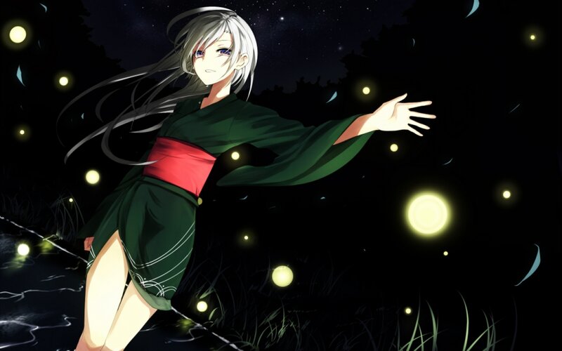 Anime Girl in Green Kimono — Serene, Night, Fireflies