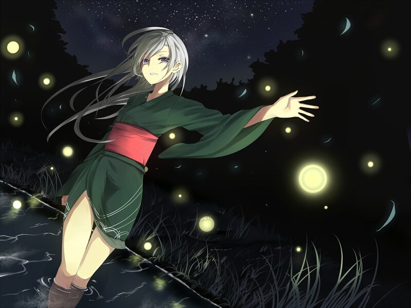 Anime Girl in Green Kimono — Serene, Night