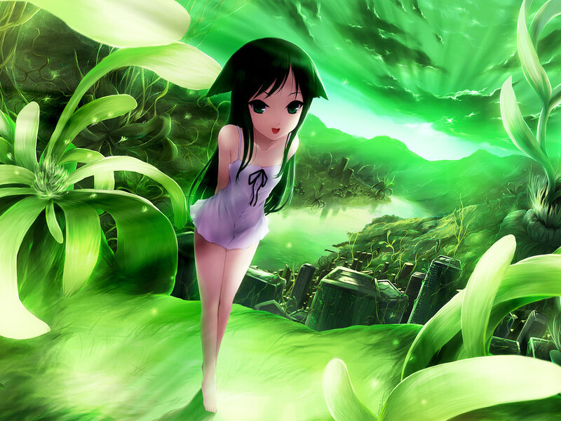 Anime Girl in Green Landscape