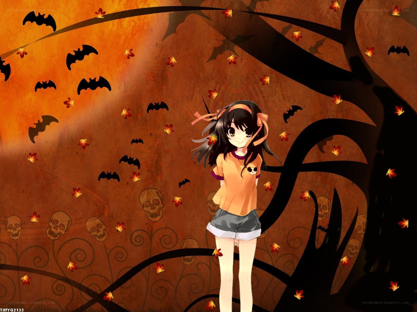 Anime girl in Halloween scene