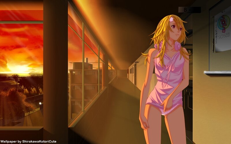 Anime girl in hallway at sunset