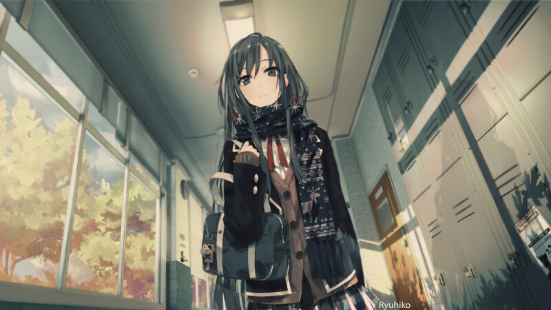 Anime Girl in Hallway — Blue, Calm