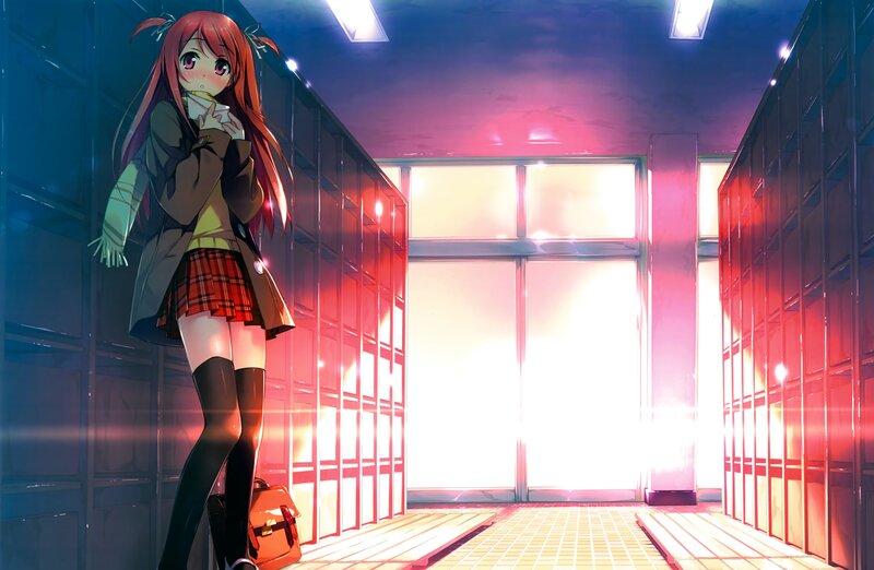 Anime Girl in Hallway — Red, Dramatic