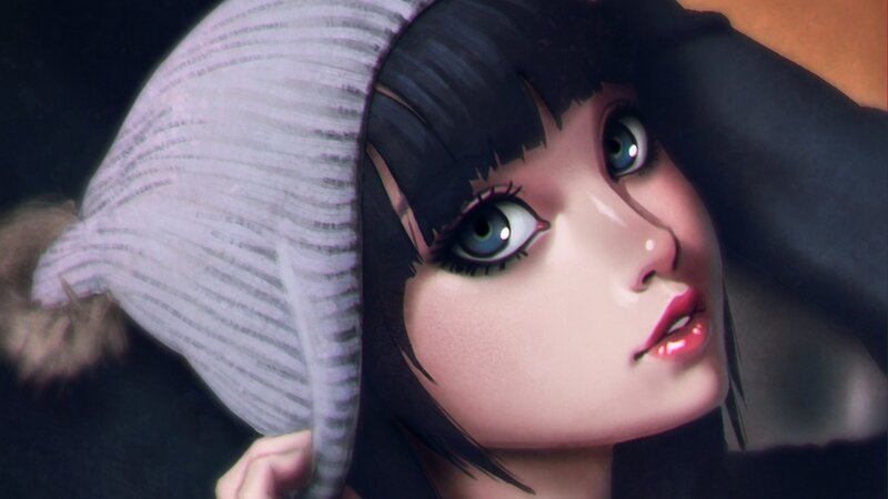 Anime Girl in Hat — Black, Dramatic, Digital Art