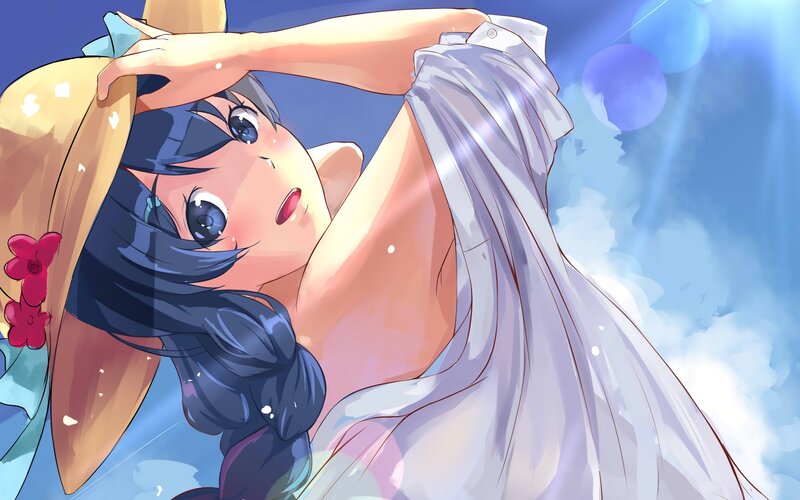 Anime Girl in Hat — Blue, Bright, Afternoon