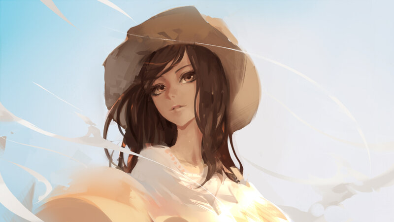 Anime Girl in Hat — Blue, Serene, Afternoon, Digital Art