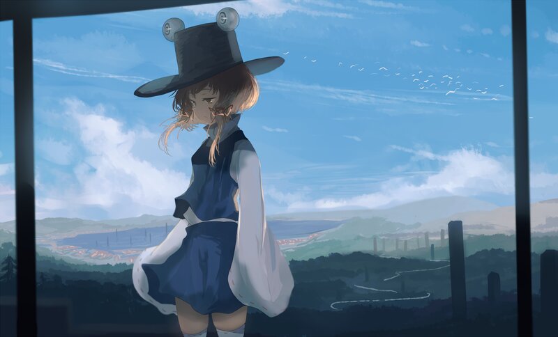 Anime Girl in Hat — Blue, Serene, Afternoon, Digital Art, Window