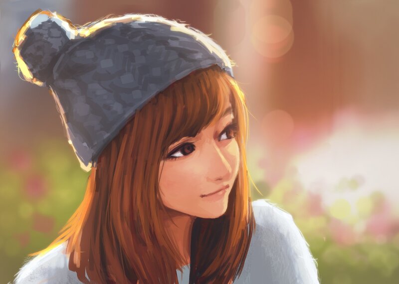 Anime Girl in Hat — Brown, Serene, Sunset