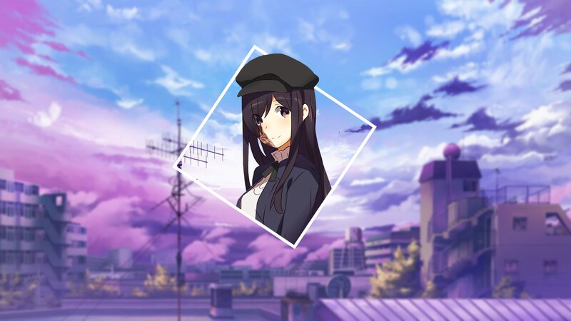 Anime Girl in Hat — Purple, Serene, Sunset, Cityscape