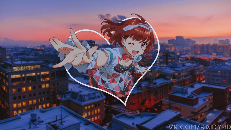 Anime Girl in Heart Frame — Purple, Dramatic, Sunset