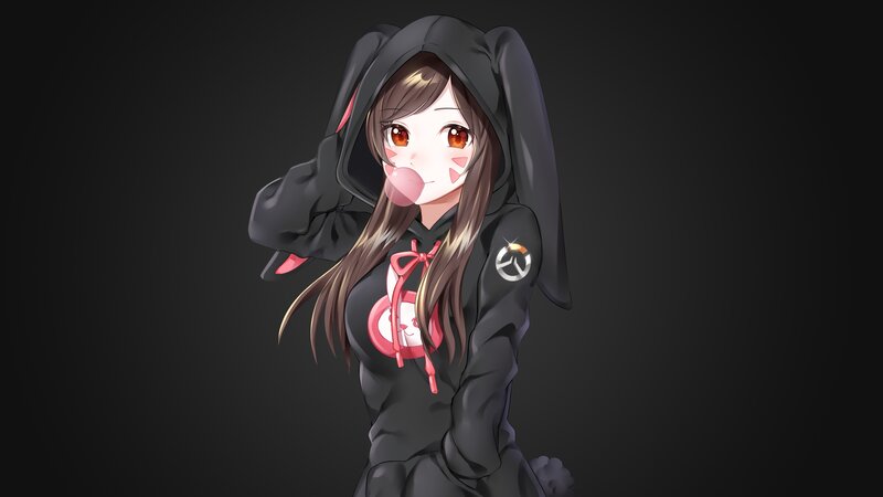 Anime Girl in Hoodie — Black, Playful