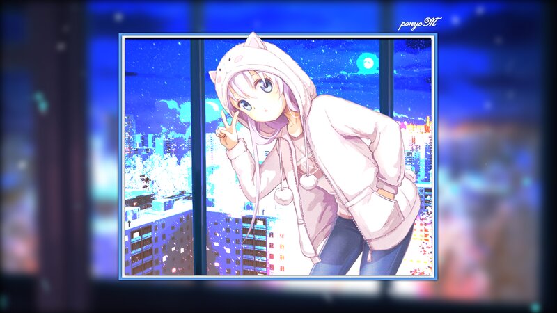 Anime Girl in Hoodie — Blue, Calm, Night