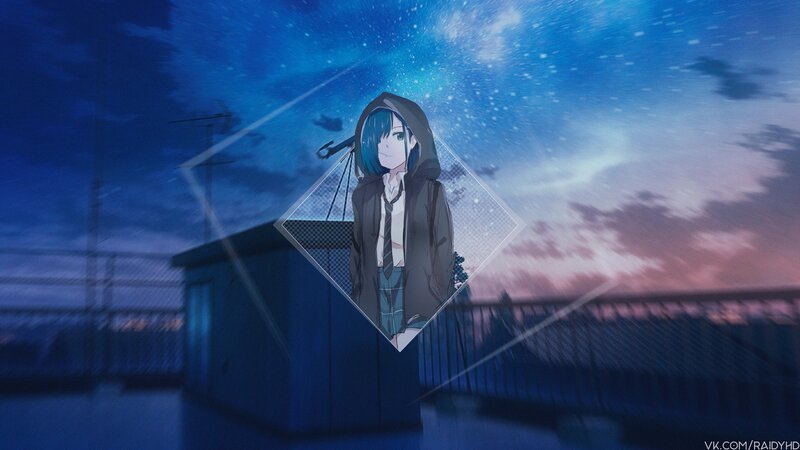 Anime Girl in Hoodie — Blue, Dramatic, Night, Night Sky