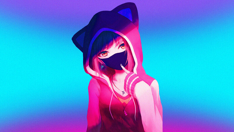 Anime Girl in Hoodie — Blue, Neon