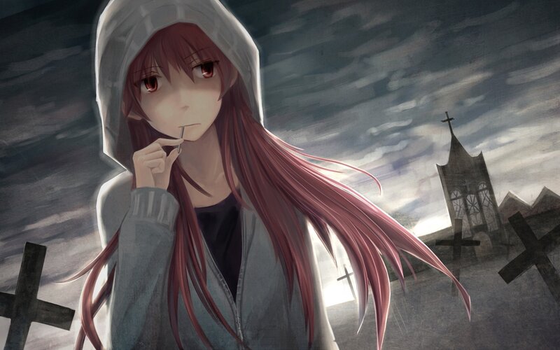 Anime Girl in Hoodie — Gray, Dramatic