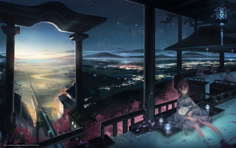 Anime girl in hot spring at night