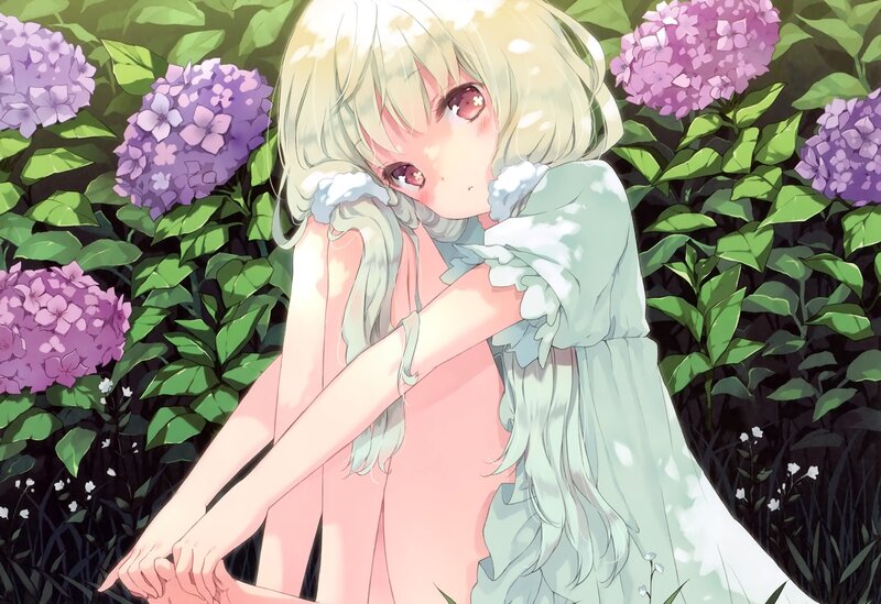 Anime girl in hydrangea garden