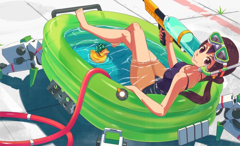 Anime Girl in Inflatable Pool — Green