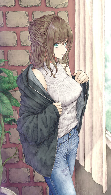 Anime Girl in Jacket — Brown, Calm