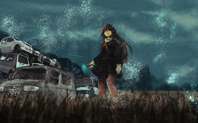 Anime girl in junkyard