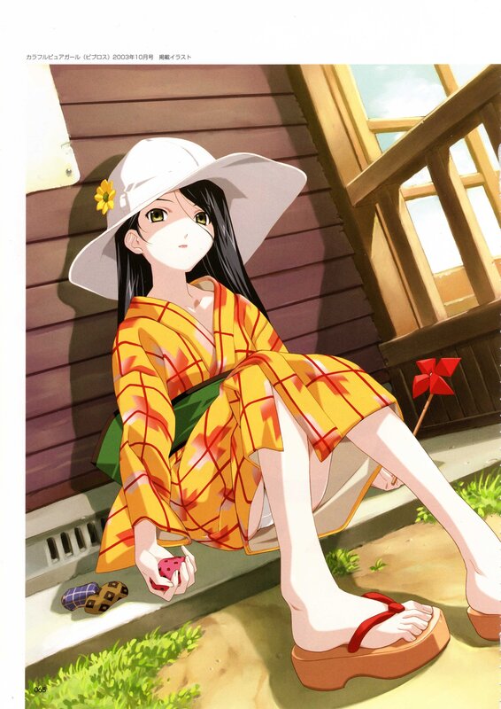 Anime girl in kimono and hat
