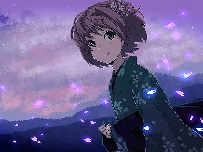 anime girl in kimono at dusk