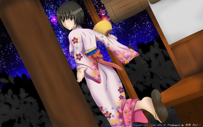 Anime girl in kimono at night