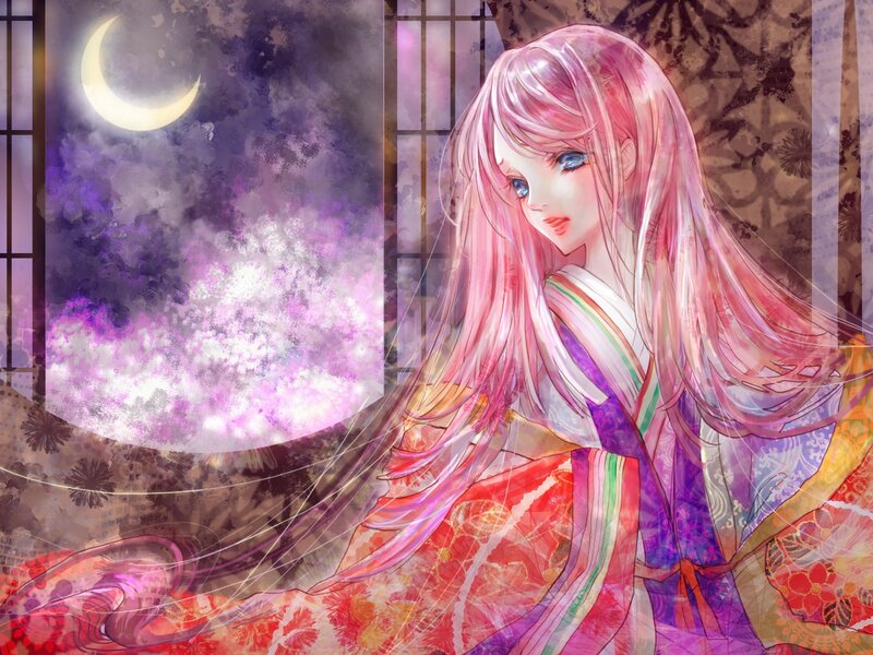 Anime girl in kimono at night