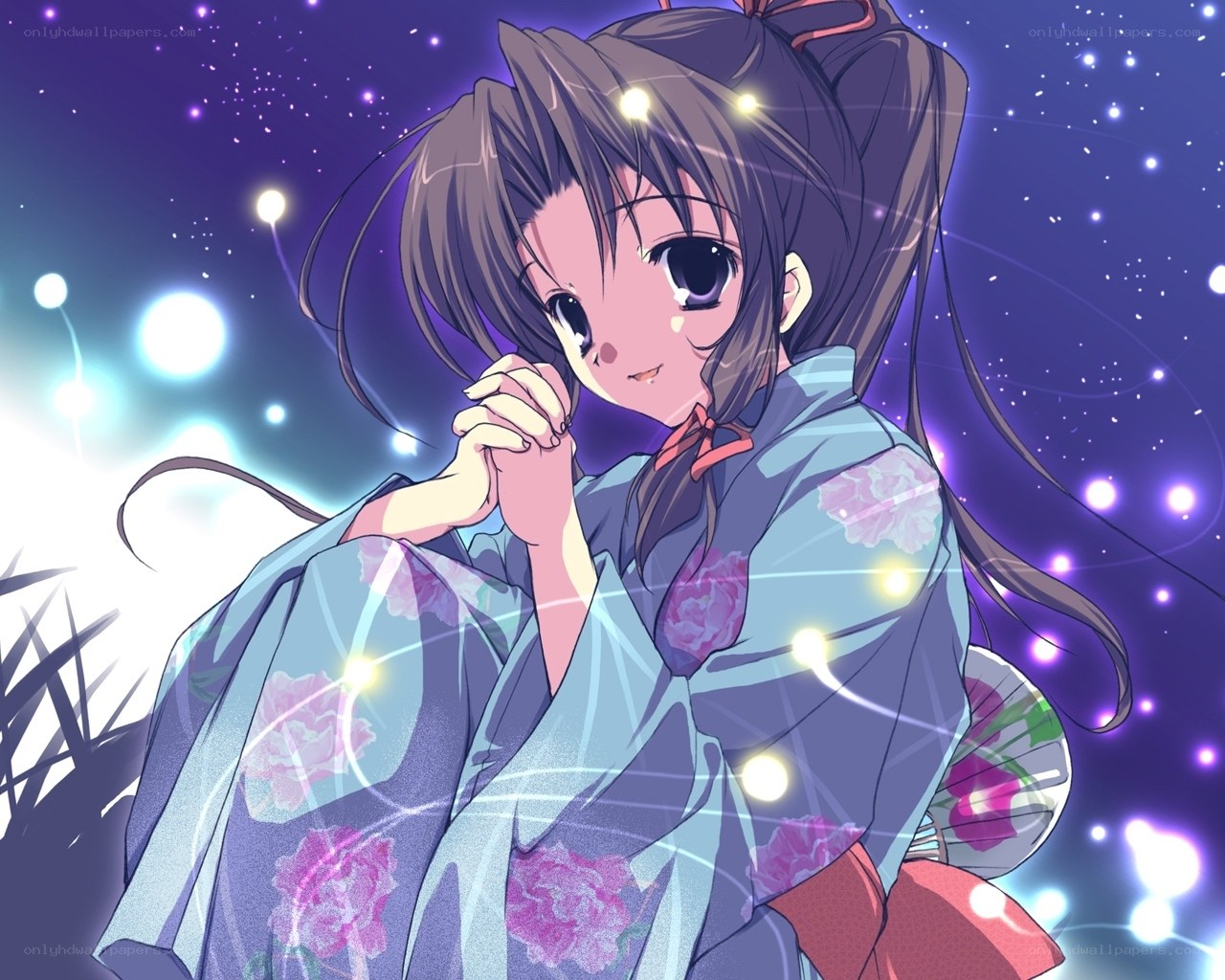 anime girl in kimono at night