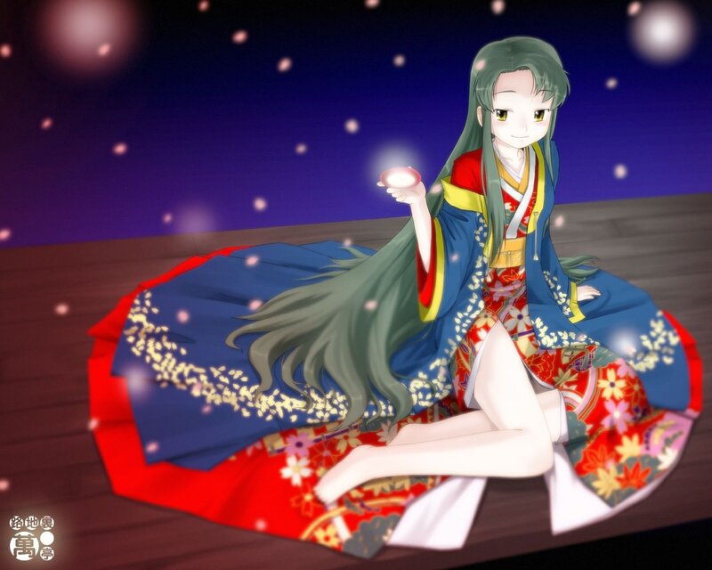 anime girl in kimono at night