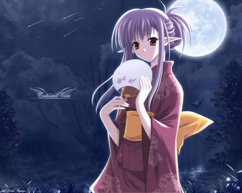 anime girl in kimono at night