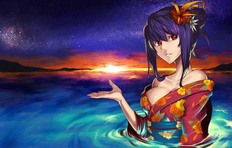 Anime girl in kimono at sunset