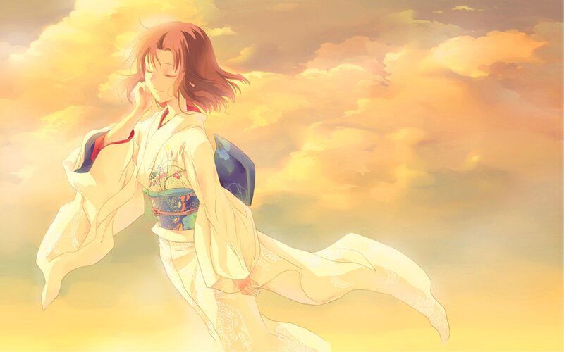 anime girl in kimono at sunset