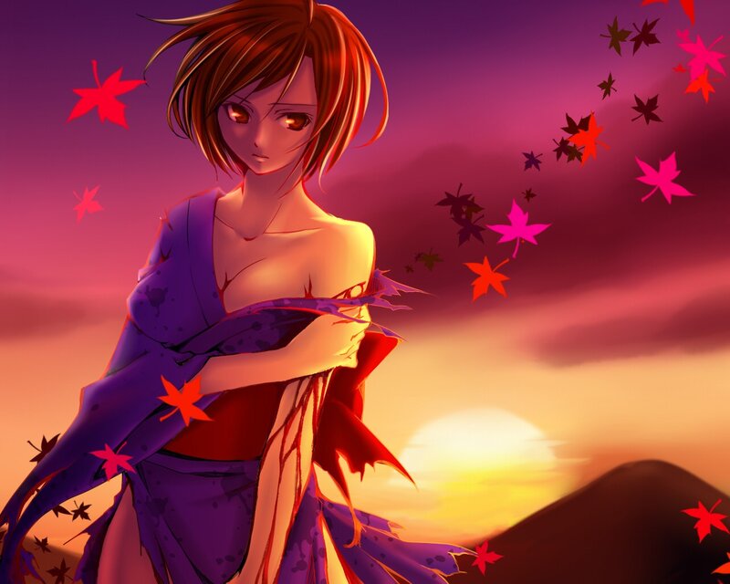 Anime girl in kimono at sunset