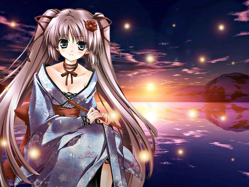 Anime girl in kimono at sunset