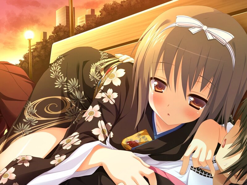 anime girl in kimono at sunset