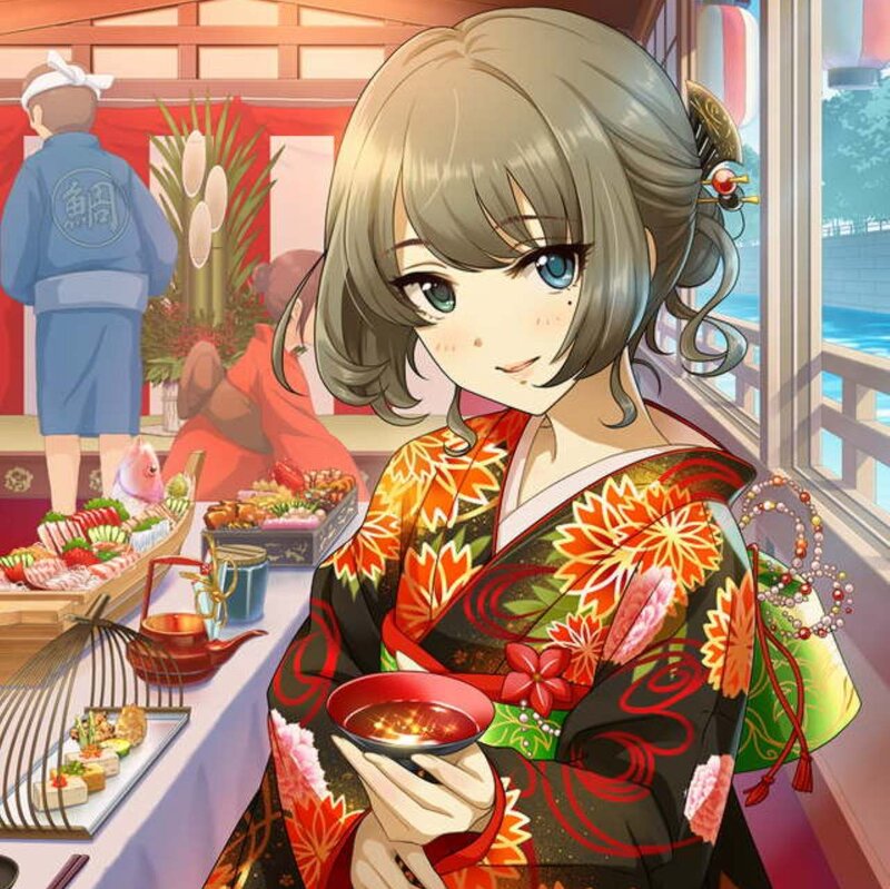 Anime Girl in Kimono — Black, Calm, Afternoon, Sushi