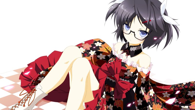 Anime Girl in Kimono — Black, Calm, Glasses, Checkered Floor